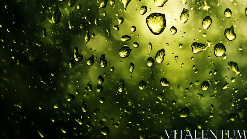 Rain droplets catch green light and glow on glass surface