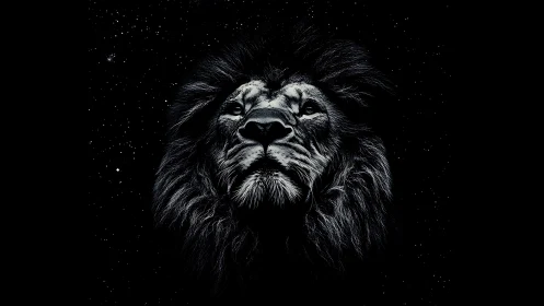 Starlit lion portrait glows softly against a deep night sky