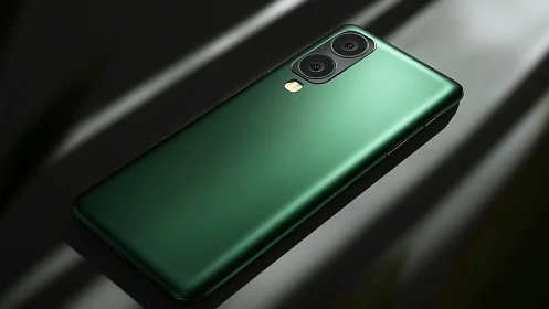 Dual-Camera Smartphone with Emerald Green Matte Finish Under Directional Lighting