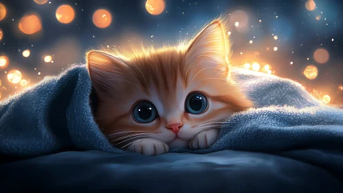 Kitten Wrapped in Blanket Under Golden Bokeh Lights.