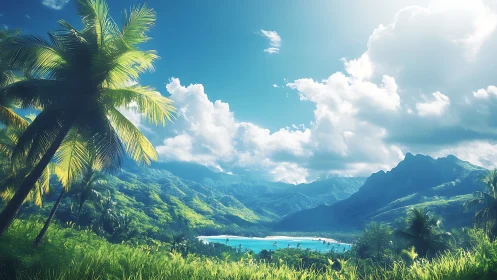 Tropical Valley with Palm Trees and Mountain Lake.