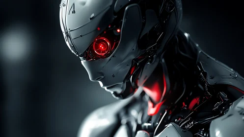 Cybernetic humanoid with red optical core and glossy exoshell