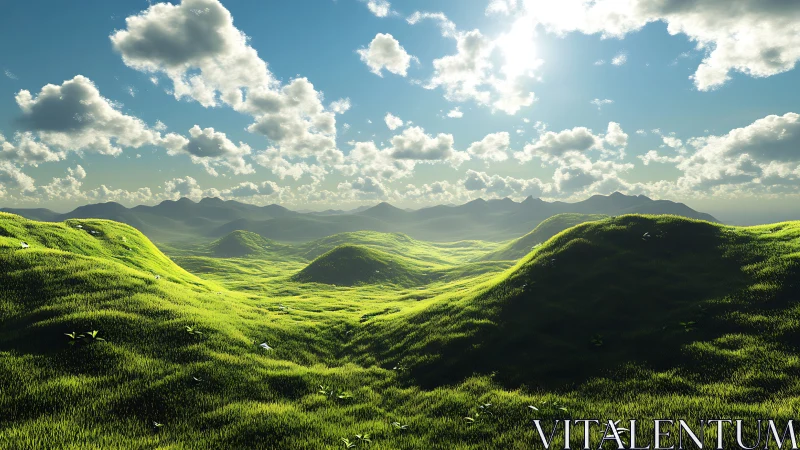 Sunlit green hills roll gently under a bright summer sky