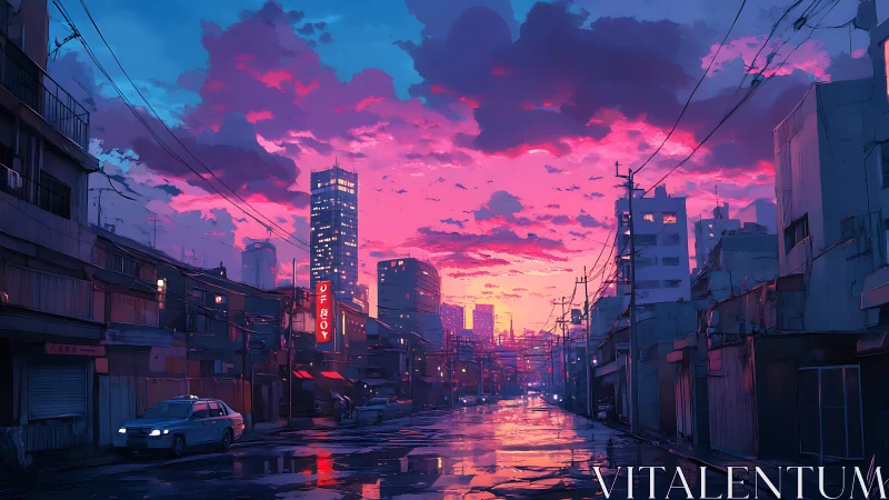 Neon rain street humming beneath electric cotton-candy skies.