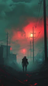 Solitary armored figure in foggy red lit industrial street.