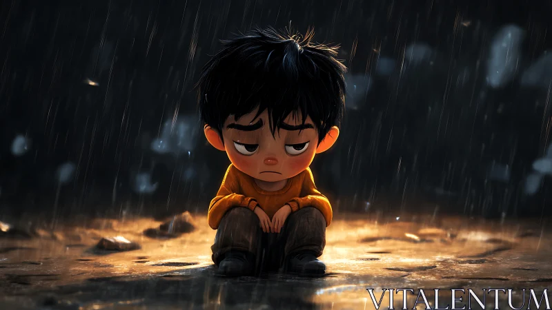 Rainy evening wraps a lonely boy in a soft, golden glow