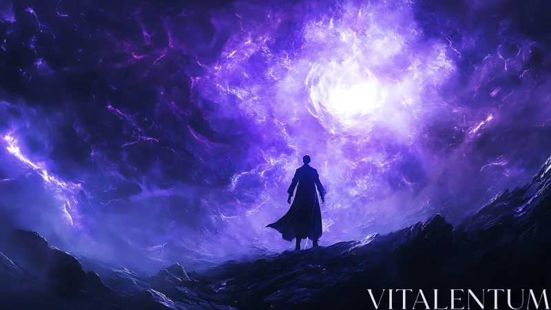 Lone figure confronting radiant cosmic vortex in violet storm.