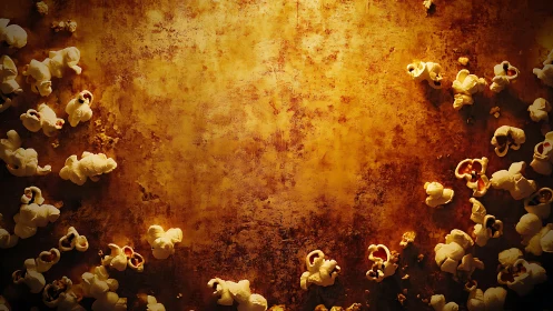 Golden cinema crumbs: popcorn scattered on rustic stage.