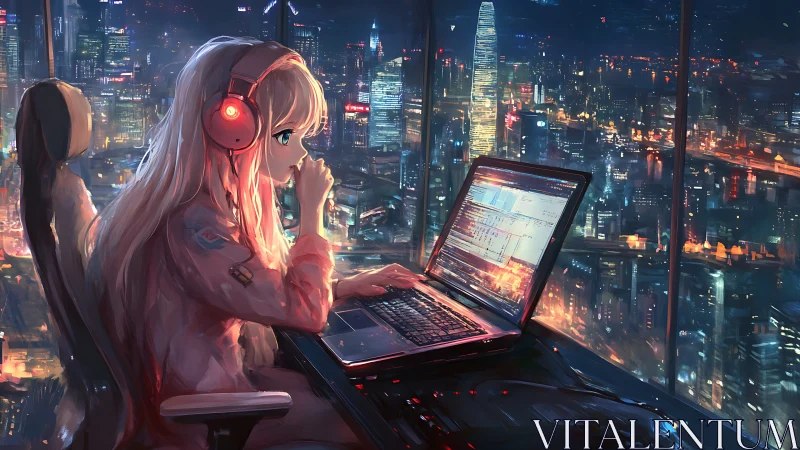 Neon coder girl dreaming in data above the sleepless city.