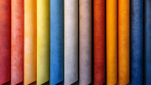 Colorful vertical fabric rolls form a textured rainbow wall.