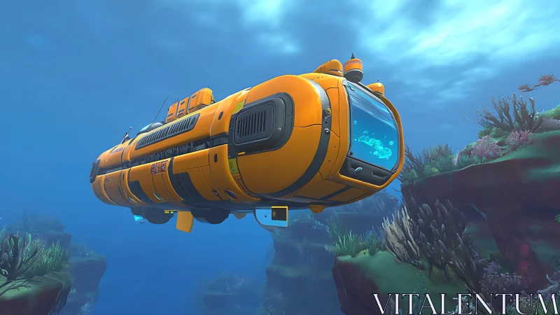 Bright orange sci fi submarine explores stylized reef canyon.
