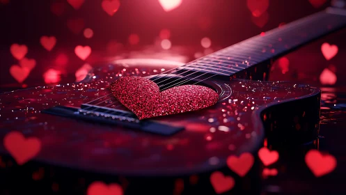 Glittered heart guitar humming a crimson love lullaby.