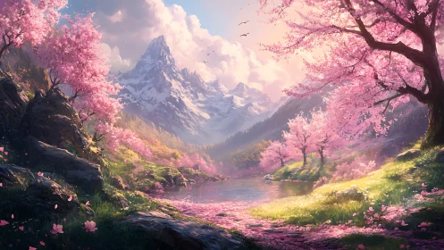 Spring mountain valley with cherry blossoms and river.