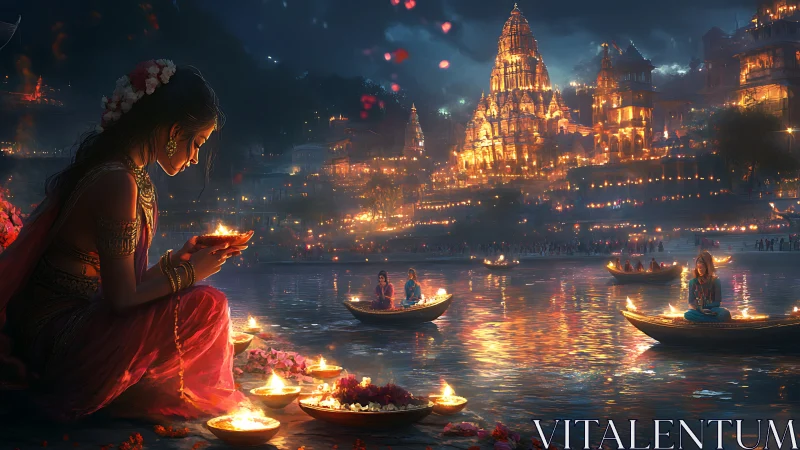 Ritual riverbank at night renders layered bokeh temple lights