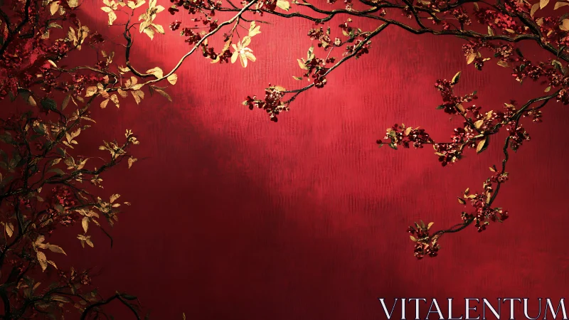 Golden blossoms drift gently across a deep red sky