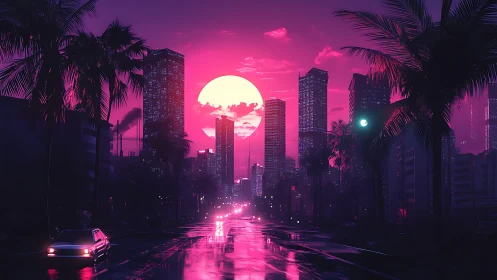 Neon-soaked retrofuturist skyline under oversized synthetic sun.