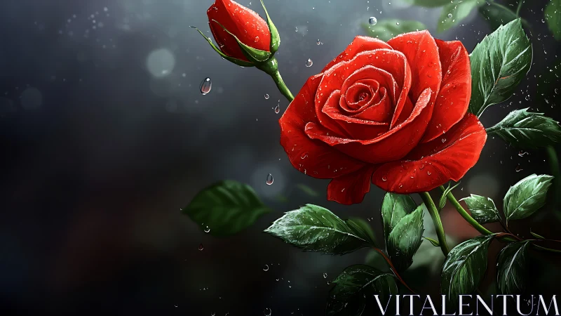 Crimson Petals Dance Through Dewdrops in Moody Twilight