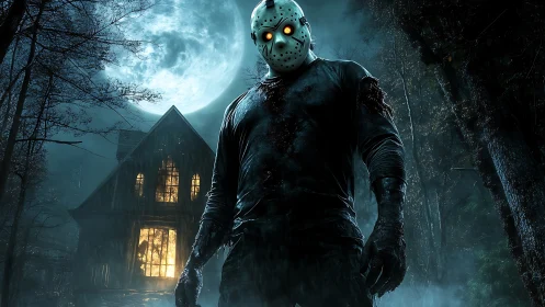 Masked slasher stalks a moonlit forest cabin in eerie silence