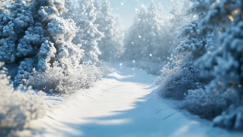 Snow covered forest path under gentle winter light.