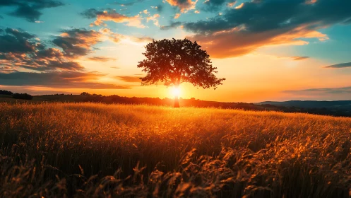 Lone tree in golden field at vivid sunset sky.