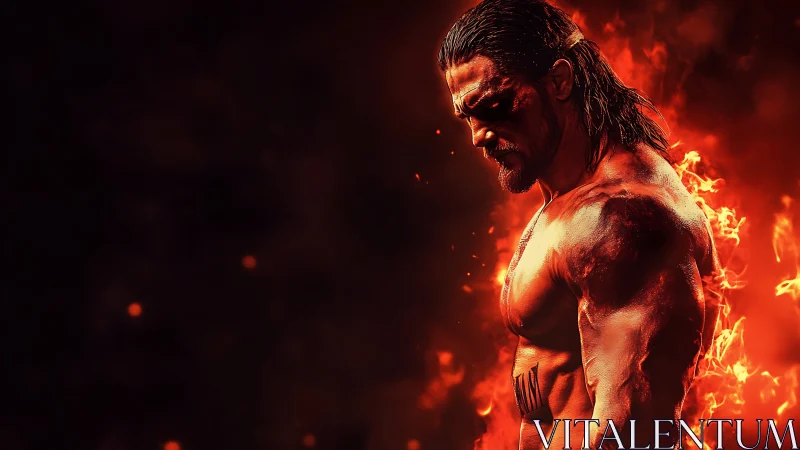 Muscular male warrior in fiery backlight with embers swirling