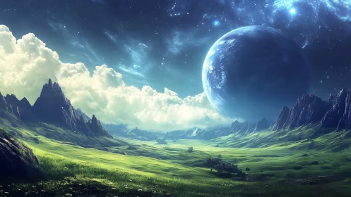 Otherworldly green valley beneath a glowing blue planet.