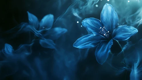 Volumetric Blue Flowers With Depth-of-field Rendering and Atmospheric Particle Effects