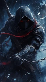 Hooded shadowblade with burning eyes storms the frozen night.