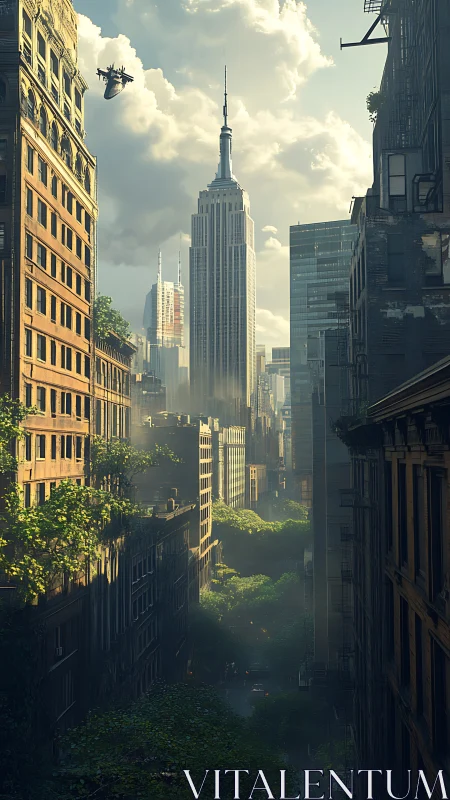 Overgrown city canyon beneath towering retrofuturist spire.