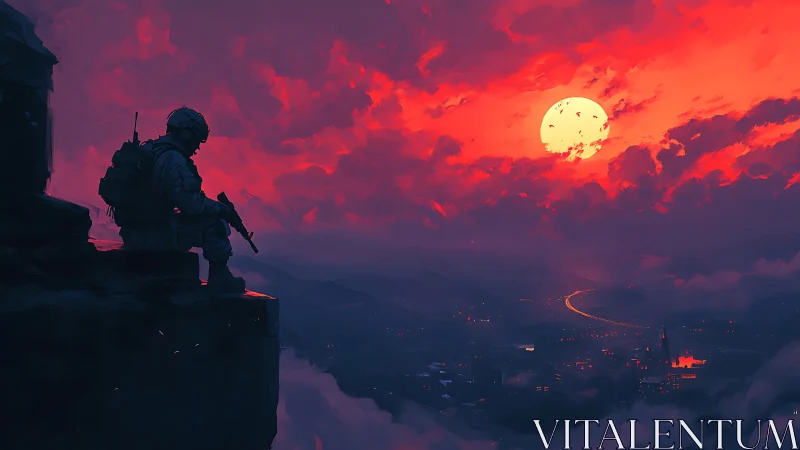 Digital painting of lone soldier at crimson sunset skyline.