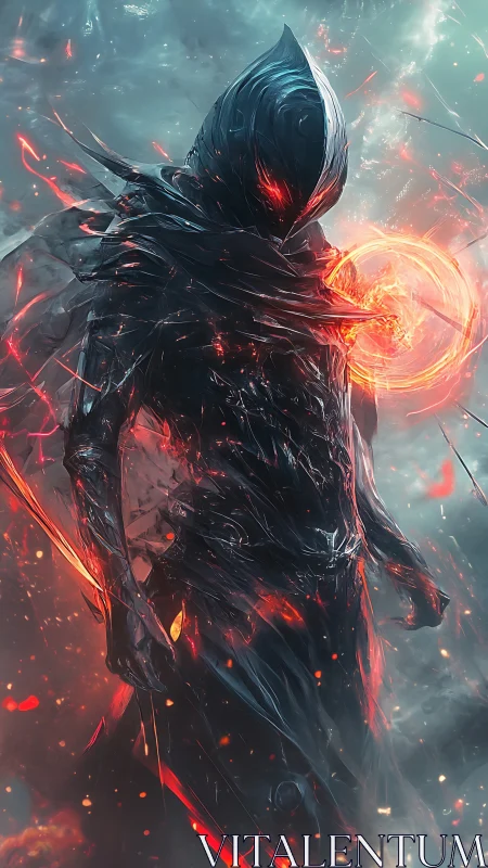 Hooded dark figure channels fiery energy in storm