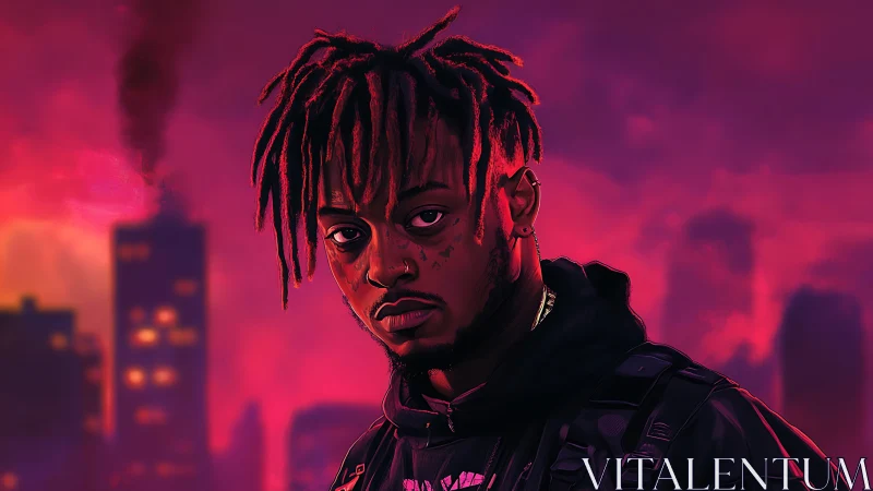 Neon dusk portrait with urban skyline and smoky highrise.