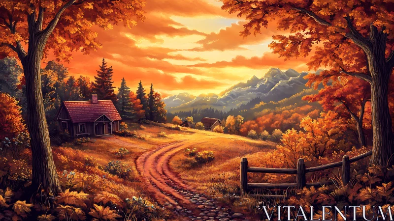 Autumn mountain cabin glows under a sweeping golden sunset sky