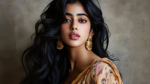 Soft gaze and golden earrings in painterly portrait style.