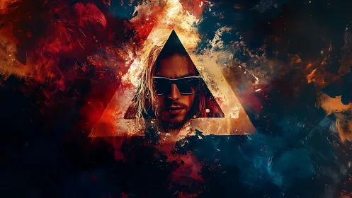 Triangular blaze portrait ignites a neon-tinted rebel gaze.
