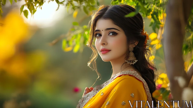 Portrait in shallow depth of field with warm bokeh lighting and sari