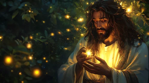 Gentle robed figure cradling a glowing light in the forest.