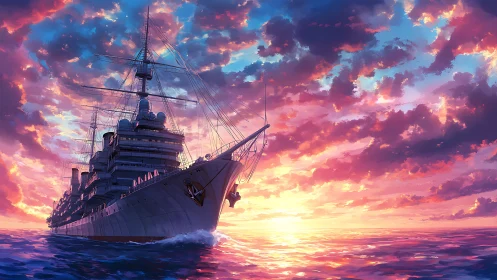 Sunset-illuminated warship advances under luminous stratiform clouds