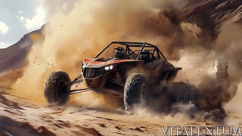 Off-road dune buggy charges through desert dust storm.