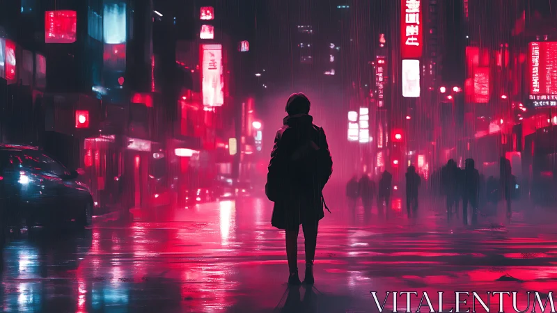 Neon soaked city night welcomes a lone thoughtful wanderer