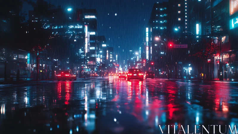 Neon lit city avenue in rain with reflective wet asphalt surface.