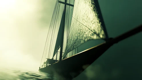 Moody green seascape with backlit sailing yacht silhouette.