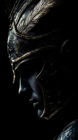 Oblique profile of gilded warrior helm in chiaroscuro lighting.