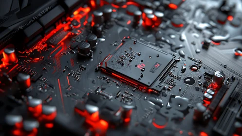 Wet gaming motherboard under red LED circuit lighting.