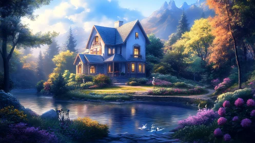 Lakeside cottage glows in lush flowering forest twilight.