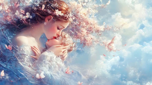 A serene dreamer lost in blossoms and clouds