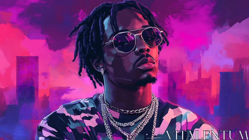 Neon-lit urban portrait of cool rapper in reflective shades.