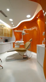Contemporary dental operatory with orange glossy wall design.