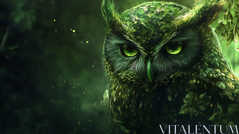 Mystical Green Owl in Enchanted Forest, Digital Fantasy Art.