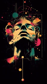 Neon splatter portrait with abstract circuits and orbits.